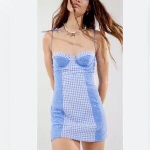 NWOT URBAN OUTFITTERS GINGHAM BLUE MINI BUSTIER DRESS FELICITY EYELET size: xs